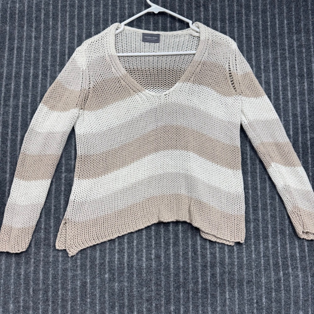 Wooden Ships Knit Sweater XS/S Tan Cream Excellent Striped V-Neck Coastal (2235)